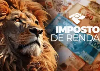 Leão símbolo do imposto de renda com notas de dinheiro ao fundo