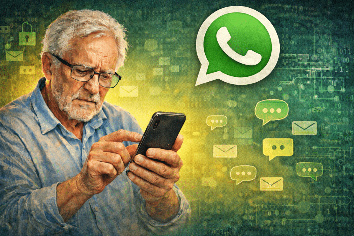 Idoso utilizando celular com WhatsApp enquanto aparecem ícones de mensagens e segurança