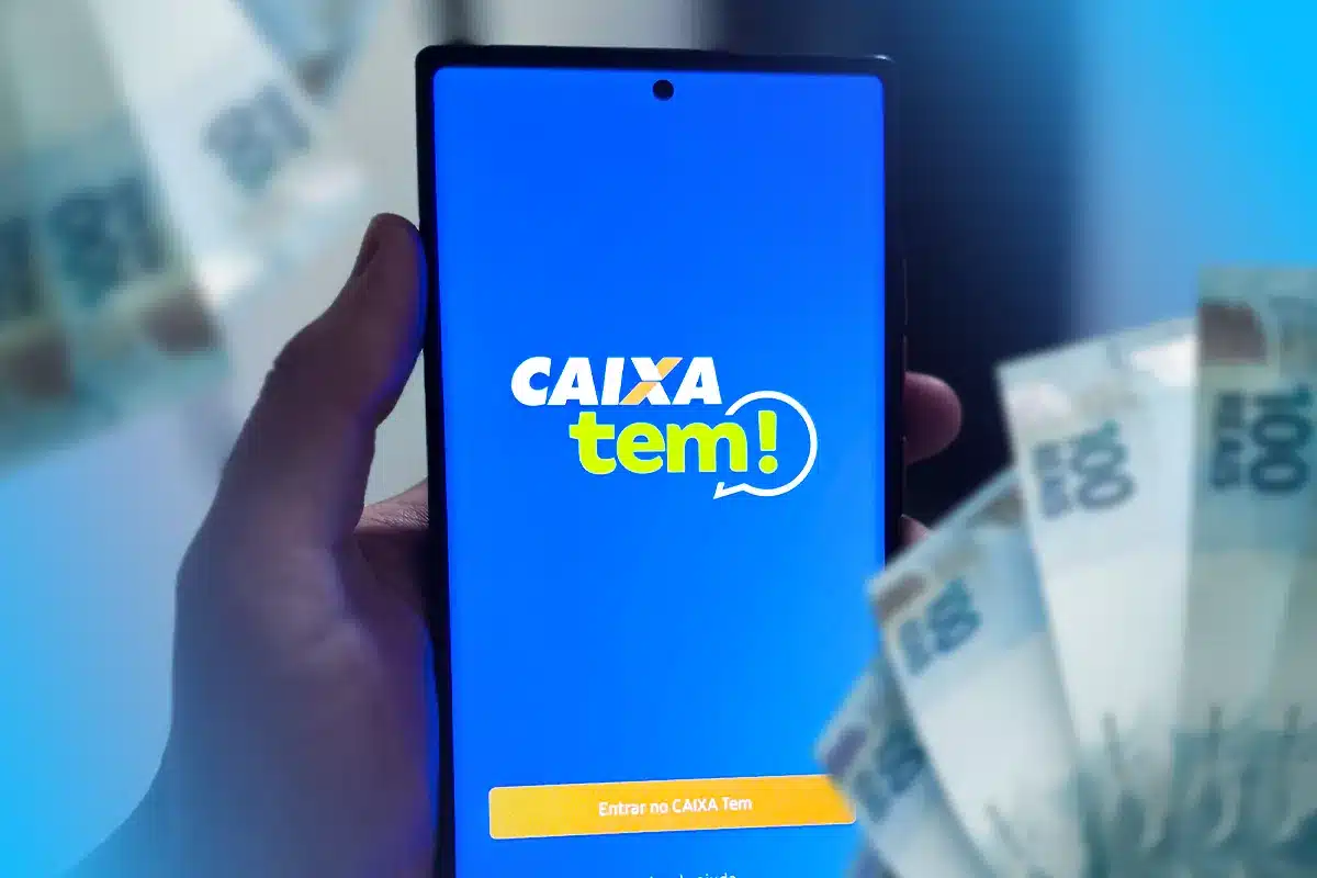 Celular com aplicativo Caixa Tem aberto, sendo usado para sacar benefício sem cartão