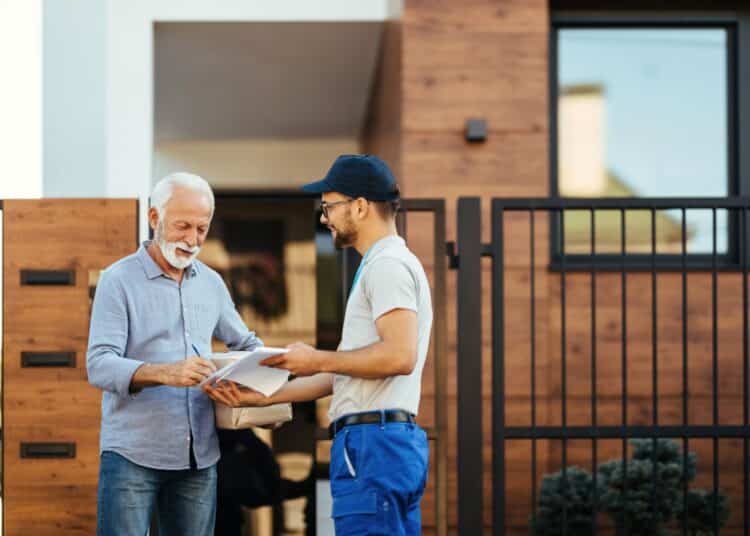 Um homem idoso de barba branca e camisa social azul sorri enquanto assina um documento de entrega no portão de casa. À sua frente, um entregador jovem de boné azul e óculos segura a encomenda e os papéis.