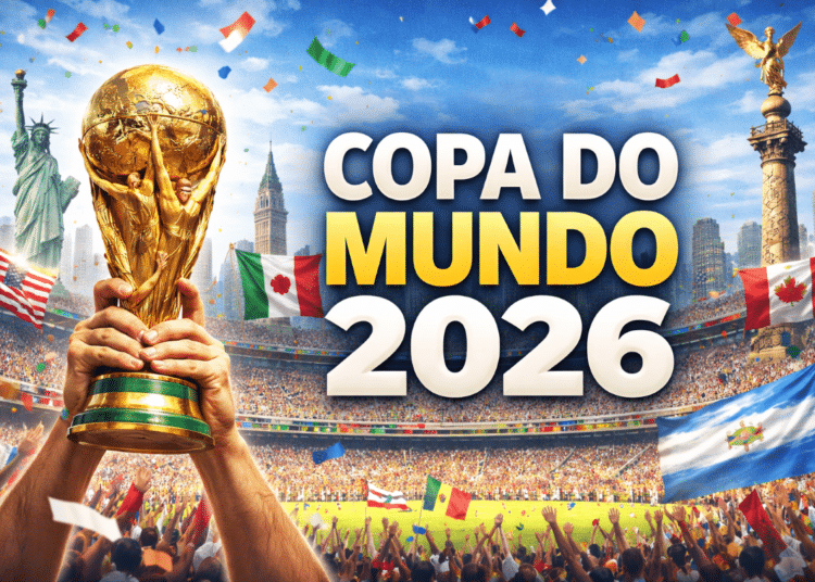 Taça da FIFA erguida em estádio lotado com bandeiras dos países sede EUA, México e Canadá