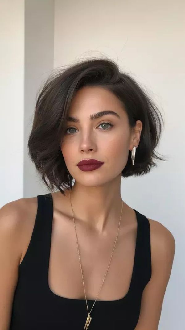 Mulher com corte de cabelo bob curto na altura do queixo, fios castanhos com leves ondas, risca lateral e volume sofisticado, usando batom escuro e acessórios prateados.