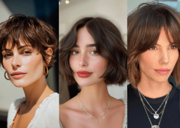 Montagem com três mulheres exibindo cortes de cabelo curto tendência: um pixie cut repicado com franja, um bob de corte reto com ondas suaves e um shaggy hair curto com franja cortina.