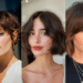 Montagem com três mulheres exibindo cortes de cabelo curto tendência: um pixie cut repicado com franja, um bob de corte reto com ondas suaves e um shaggy hair curto com franja cortina.