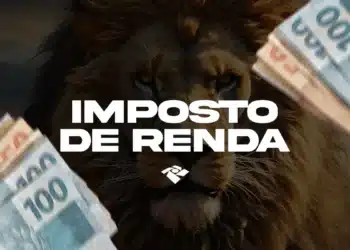 Leão (símbolo do Imposto de Renda) com notas de 100 reais desfocadas ao fundo e o texto centralizado "Imposto de Renda" sobre a logo da Receita Federal.