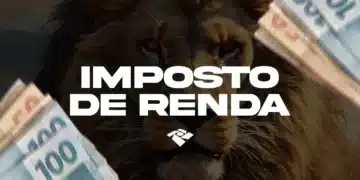 Leão (símbolo do Imposto de Renda) com notas de 100 reais desfocadas ao fundo e o texto centralizado "Imposto de Renda" sobre a logo da Receita Federal.