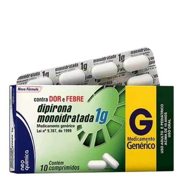 Caixa de medicamento genérico Dipirona Monoidratada 1g da marca Neo Química, com as cores branca, azul e verde. No topo da imagem, uma cartela com comprimidos brancos está parcialmente fora da caixa. O destaque visual é a letra "G" amarela de medicamento genérico.