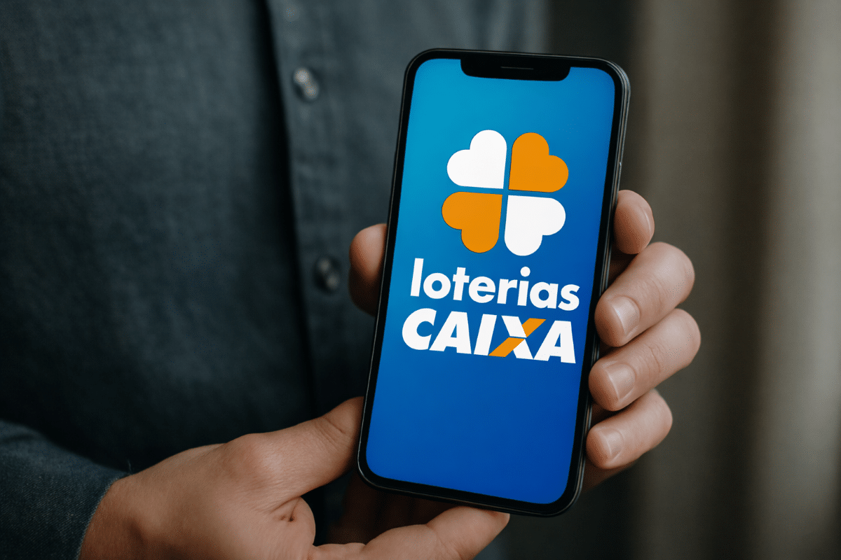 Mão segurando celular com o aplicativo Loterias Caixa aberto na tela