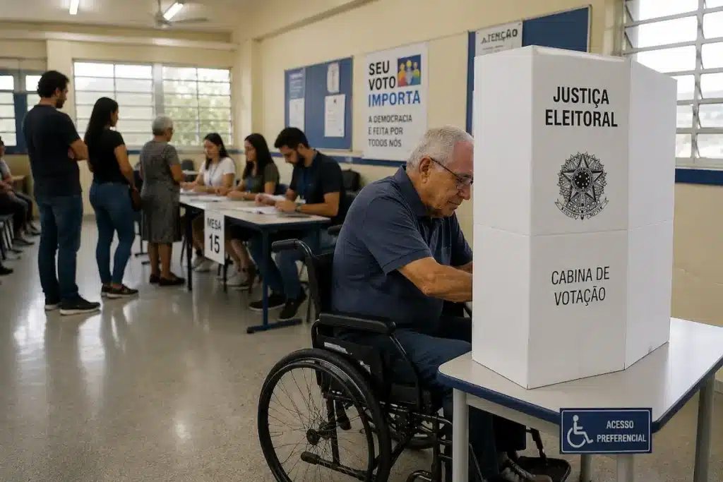 Idoso com direito ao voto facultativo nas Eleições 2026 utilizando serviços da Justiça Eleitoral.