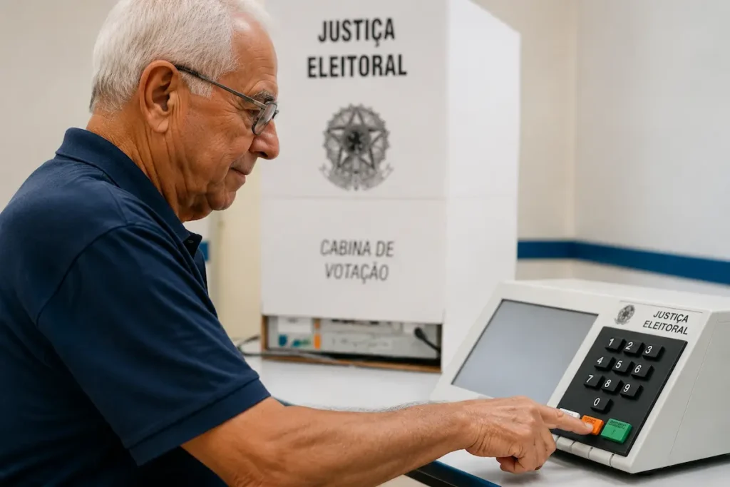 Direitos do eleitor idoso nas Eleições 2026 Idoso utilizando urna eletrônica durante as Eleições 2026 em seção de votação da Justiça Eleitoral.