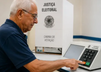 Idoso utilizando urna eletrônica durante as Eleições 2026 em seção de votação da Justiça Eleitoral.
