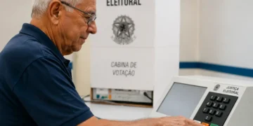 Idoso utilizando urna eletrônica durante as Eleições 2026 em seção de votação da Justiça Eleitoral.
