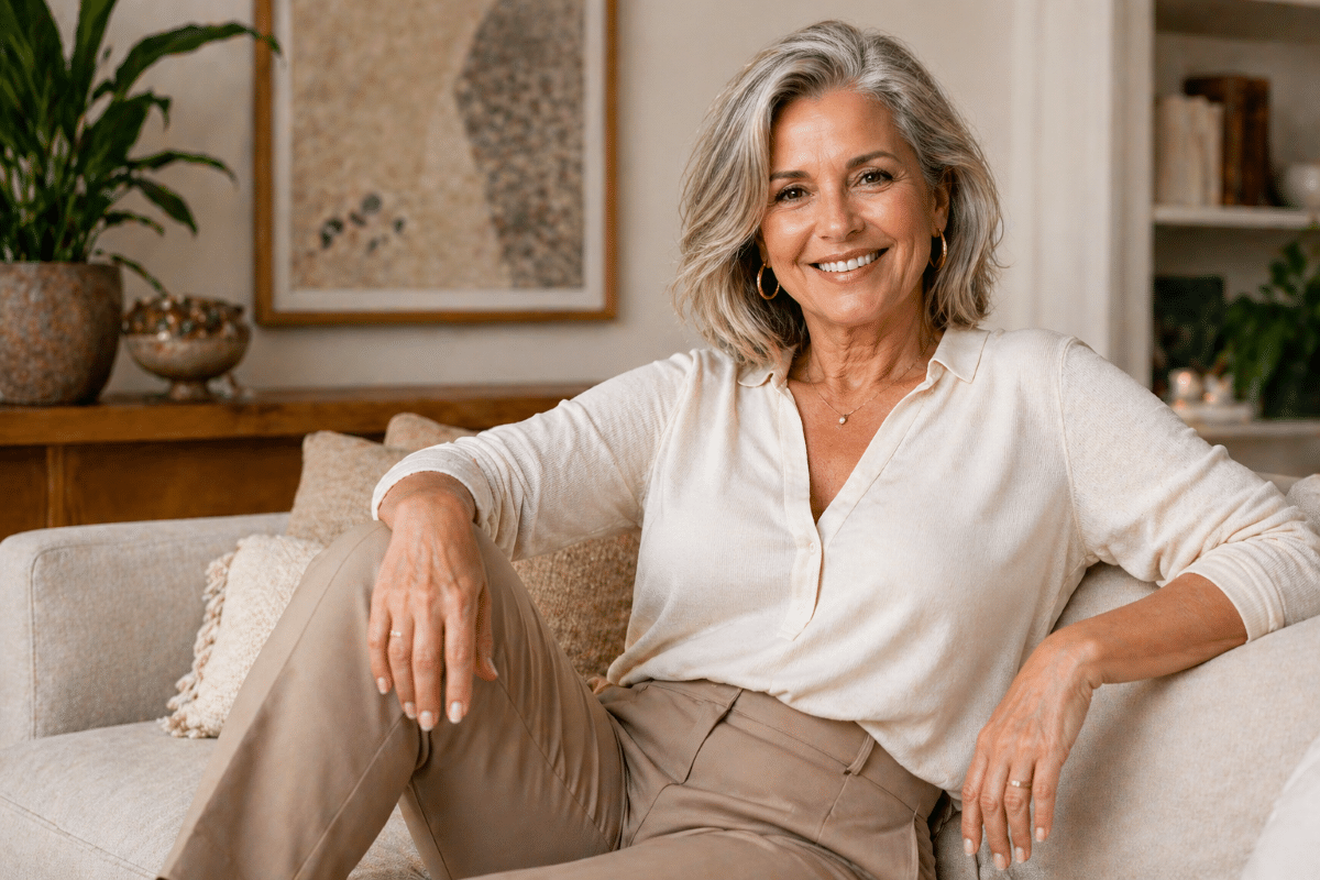Mulher madura elegante com look casual chic sentada no sofá