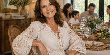 Mulher madura elegante sorrindo em almoço de família à mesa