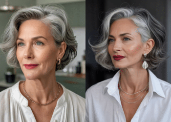 Mulher madura com corte de cabelo french bob grisalho ondulado, exibindo fios prateados naturais com base reta e volume lateral sofisticado.