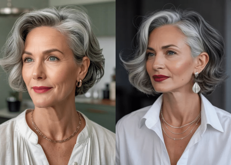 Mulher madura com corte de cabelo french bob grisalho ondulado, exibindo fios prateados naturais com base reta e volume lateral sofisticado.