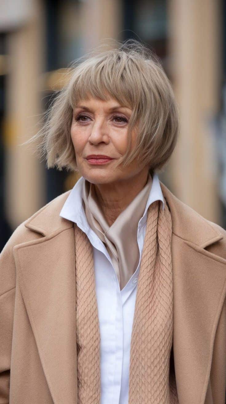 Mulher madura com corte french bob loiro acinzentado, apresentando franja reta desfiada e comprimento na altura do maxilar, vestindo casaco bege clássico.