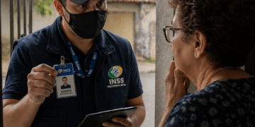 Homem com uniforme e crachá do INSS conversando com idosa na porta de casa