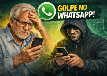 Idoso preocupado olhando celular enquanto golpista usa WhatsApp em esquema de fraude