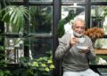 Homem idoso de barba grisalha e suéter cinza sorrindo enquanto segura uma xícara de café branca em um ambiente iluminado com plantas ao fundo.