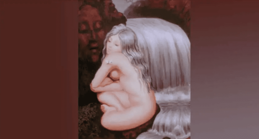 Pintura surrealista que funciona como uma ilusão de ótica, exibindo o perfil de um rosto de homem e o corpo de uma mulher nua ajoelhada.