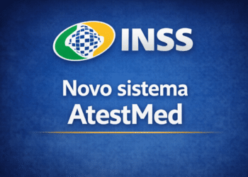 Logo do INSS com texto "Novo sistema AtestMed" sobre fundo azul