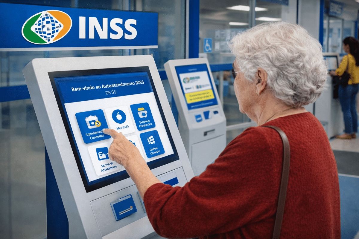 Idosa utilizando totem touchscreen de autoatendimento do INSS