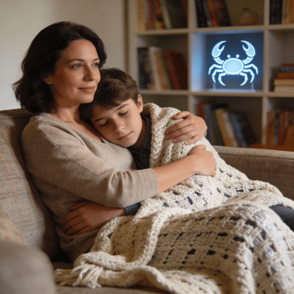Uma mulher sorridente sentada em um sofá, abraçando carinhosamente um filho jovem que repousa a cabeça em seu ombro, ambos cobertos por uma manta de tricô clara. Ao fundo, uma estante de livros com um luminária de neon azul no formato do símbolo do signo de Câncer (caranguejo).