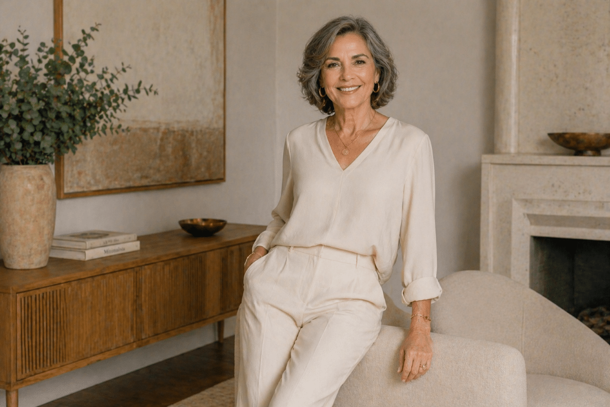 Mulher madura com look minimalista elegante em tons neutros