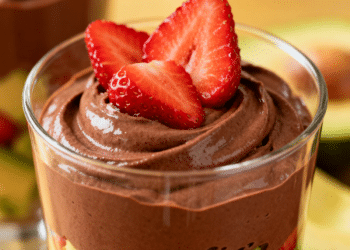 Um copo de vidro transparente com uma sobremesa em camadas: na base, cubos de abacate e morangos frescos; acima, um mousse de chocolate aerado; no topo, fatias de morango fresco. Ao fundo, um segundo copo e metade de um abacate, sobre uma superfície dourada e desfocada.