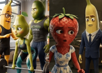 Montagem de duas cenas de novelas das frutas criadas por inteligência artificial. À esquerda, uma pera na academia acompanhada por uma banana e um abacate musculoso. À direita, uma morango com expressão de choque ao lado de uma banana de terno em um escritório.