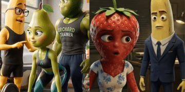 Montagem de duas cenas de novelas das frutas criadas por inteligência artificial. À esquerda, uma pera na academia acompanhada por uma banana e um abacate musculoso. À direita, uma morango com expressão de choque ao lado de uma banana de terno em um escritório.