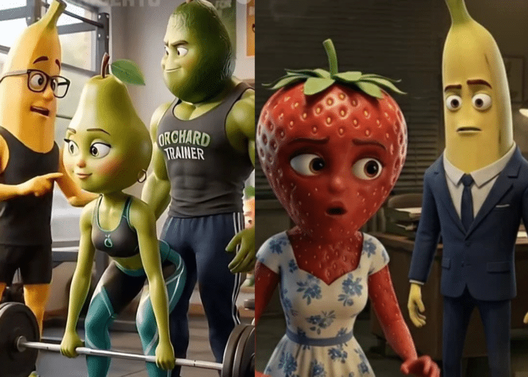 Montagem de duas cenas de novelas das frutas criadas por inteligência artificial. À esquerda, uma pera na academia acompanhada por uma banana e um abacate musculoso. À direita, uma morango com expressão de choque ao lado de uma banana de terno em um escritório.