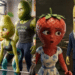 Montagem de duas cenas de novelas das frutas criadas por inteligência artificial. À esquerda, uma pera na academia acompanhada por uma banana e um abacate musculoso. À direita, uma morango com expressão de choque ao lado de uma banana de terno em um escritório.