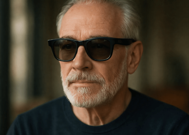 Homem idoso de cabelos e barba grisalhos usando óculos inteligentes Meta Ray-Ban modelo Wayfarer preto com lentes levemente transparentes