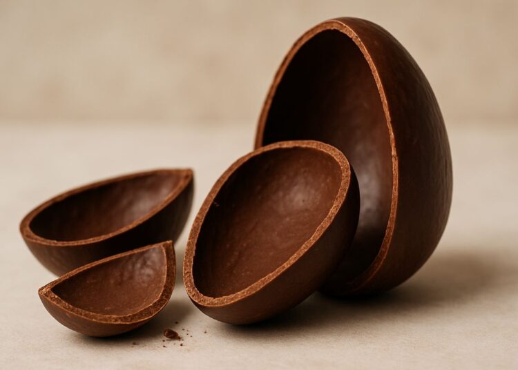 Ovos de chocolate artesanal quebrados ao meio sobre fundo bege neutro