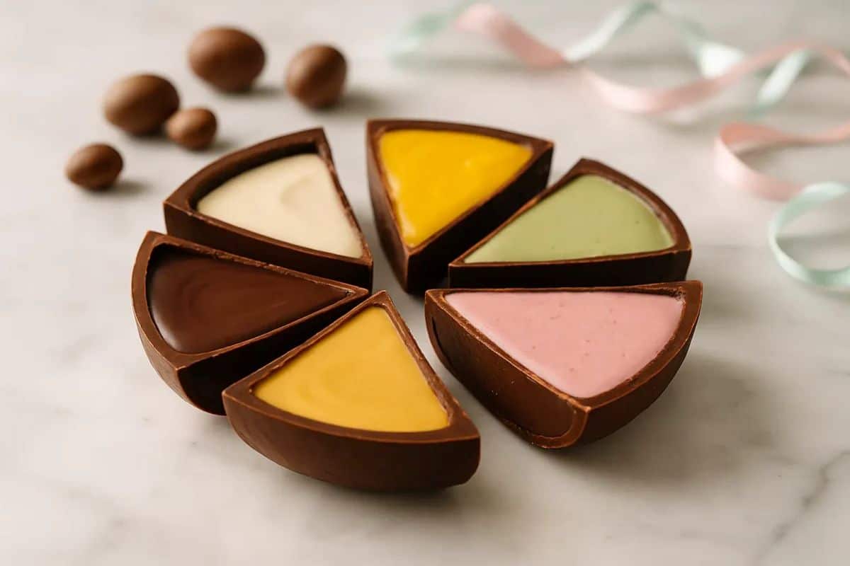 Seis fatias de ovo de Páscoa de chocolate com recheios coloridos em amarelo, rosa, verde, branco e chocolate dispostas em círculo sobre mármore
