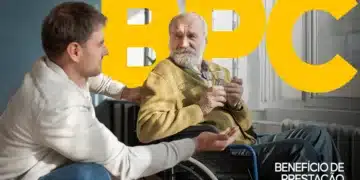 Um homem jovem ajoelhado ao lado de um idoso barbudo que está sentado em uma cadeira de rodas e segura um copo de água. No topo, a sigla BPC em letras amarelas grandes e, no canto inferior direito, o texto "BENEFÍCIO DE PRESTAÇÃO CONTINUADA".