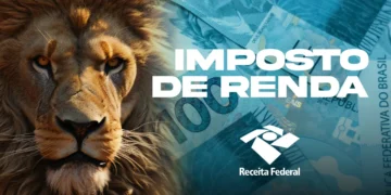 Montagem com a face de um leão em close à esquerda e notas de cem reais ao fundo à direita. Sobre a imagem, o texto "Imposto de Renda" em letras brancas e o logotipo da Receita Federal.