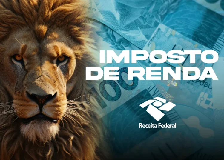 Montagem com a face de um leão em close à esquerda e notas de cem reais ao fundo à direita. Sobre a imagem, o texto "Imposto de Renda" em letras brancas e o logotipo da Receita Federal.