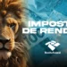 Montagem com a face de um leão em close à esquerda e notas de cem reais ao fundo à direita. Sobre a imagem, o texto "Imposto de Renda" em letras brancas e o logotipo da Receita Federal.