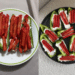 Pimentões verdes cortados ao meio, recheados com cream cheese branco e cobertos com vários snacks Takis Fuego vermelhos e cilíndricos. À esquerda, os pimentões estão em um prato branco com borda verde; à direita, em um prato preto circular.