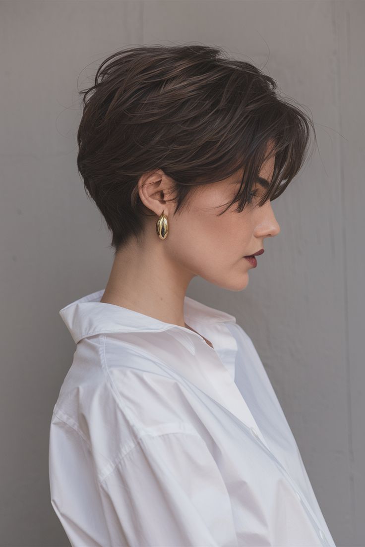 Perfil lateral de uma mulher com corte de cabelo pixie moderno e desfiado, evidenciando camadas com textura, volume no topo e nuca batida. Ela usa uma camisa branca e brincos dourados.