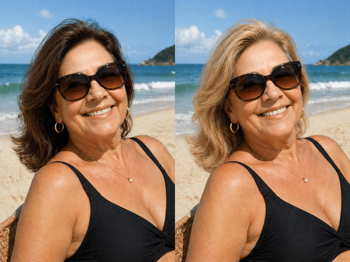 Mulher na praia com antes e depois de cabelo loiro usando óculos escuros