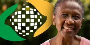 Mulher idosa sorridente em primeiro plano, com o logotipo estilizado do INSS (mãos em verde e amarelo envolvendo um globo) ao fundo, representando a segurança e o atendimento ao beneficiário.