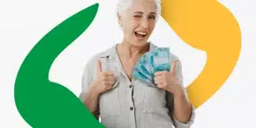 Uma mulher idosa sorridente e piscando, segurando várias notas de 100 reais próximas ao peito e fazendo sinal de positivo com as duas mãos. Ao fundo, elementos gráficos em verde e amarelo.