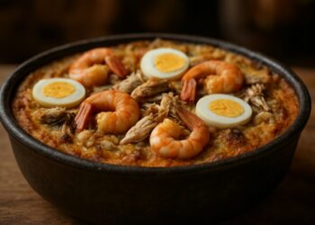 Panela de ferro com camarão, frango desfiado e ovos cozidos