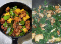 Uma imagem composta por duas fotos de panelas. À esquerda, uma panela de ferro preta com costeletas de porco douradas, pedaços de milho cozido e folhas verdes de ora-pro-nóbis. À direita, uma panela de inox com cubos de frango refogados com cebola e uma grande quantidade de folhas frescas de ora-pro-nóbis.