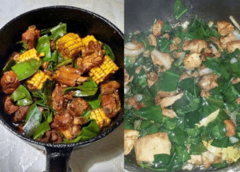 Uma imagem composta por duas fotos de panelas. À esquerda, uma panela de ferro preta com costeletas de porco douradas, pedaços de milho cozido e folhas verdes de ora-pro-nóbis. À direita, uma panela de inox com cubos de frango refogados com cebola e uma grande quantidade de folhas frescas de ora-pro-nóbis.