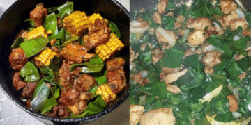 Uma imagem composta por duas fotos de panelas. À esquerda, uma panela de ferro preta com costeletas de porco douradas, pedaços de milho cozido e folhas verdes de ora-pro-nóbis. À direita, uma panela de inox com cubos de frango refogados com cebola e uma grande quantidade de folhas frescas de ora-pro-nóbis.